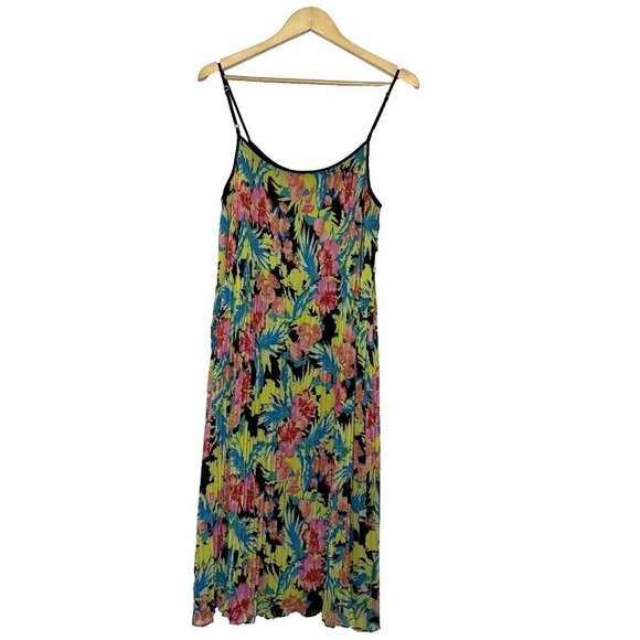 Loft Accordion Pleat Sleeveless Dress Floral Tropical Size L No Belt - Picture 3 of 12